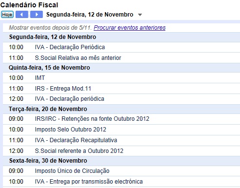 Calendário Fiscal Novembro 2012